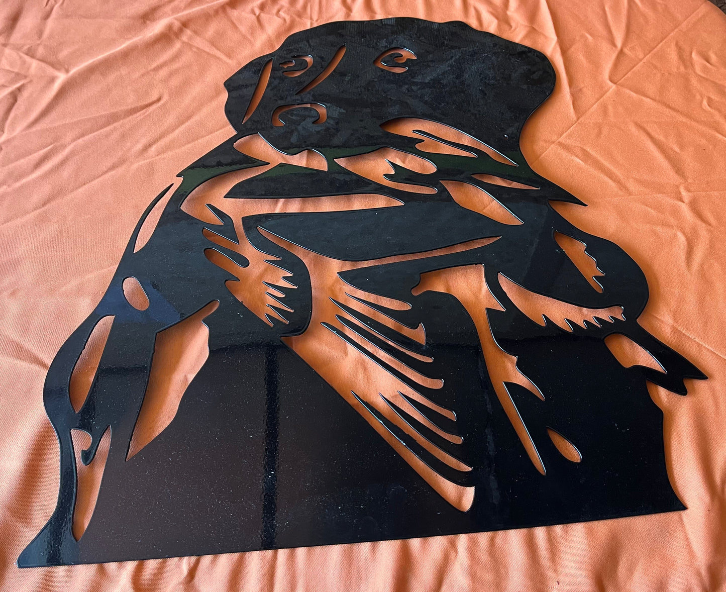 Dog with Duck Metal Wall Art – Powder-Coated Steel